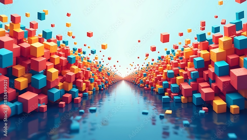 Obraz premium Large flow of abstract blocks narrowing sharply through single small gap, organizational bottleneck concept 