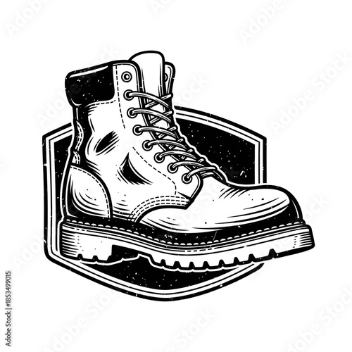Classic vintage style work boot illustration with rugged details on a decorative shield emblem, ideal for industrial, outdoor, or retro branding projects and design concepts