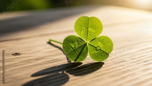 Single green clover leaf on wooden surface