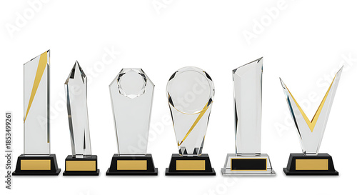 Collection of crystal trophies with gold accents on black base