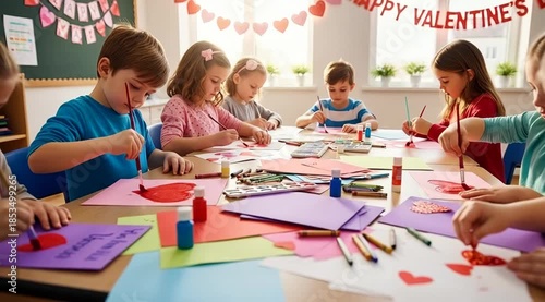 Children making Valentines Day crafts.