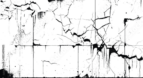 The black and white concept of a plain white plastered brick wall with cracks for background