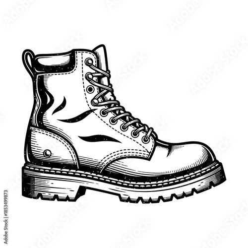 Vintage Engraved Work Boot Illustration A Detailed Vector Drawing Symbolizing Durability, Manual Labor, and Rugged Outdoor Adventures
