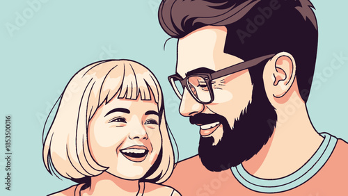 A happy father with glasses and a beard looks down at his smiling daughter with blonde hair.