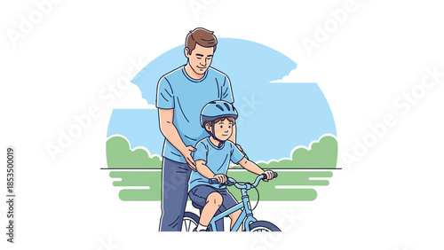 A father is teaching his son how to ride a bicycle, holding him steady as he learns.