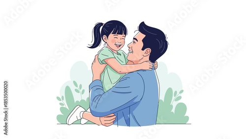 A father joyfully holds his laughing daughter in his arms, surrounded by soft green foliage.