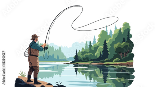 A man in waders and a hat casts a fishing line into a calm river surrounded by lush green trees and a rocky shore.