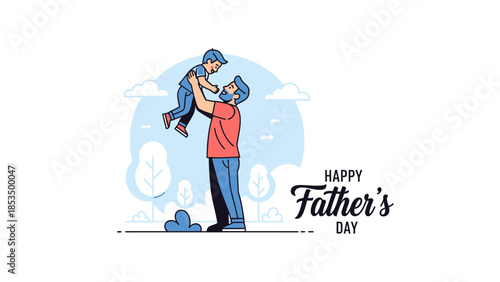 A father joyfully lifts his son in the air, celebrating Father's Day with a warm embrace and a backdrop of stylized trees.