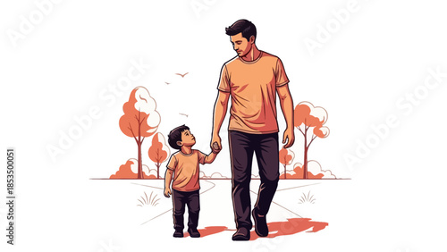 A father and his young son are holding hands and walking together in a park with trees in the background.