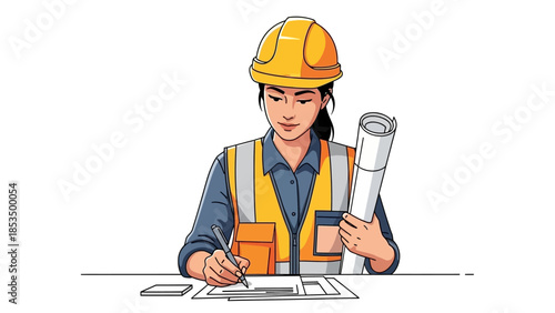 A female architect or engineer wearing a hard hat and safety vest, reviewing blueprints at a desk.