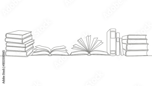A minimalist line drawing of a variety of books, some stacked and some open, arranged in a horizontal line against a white background.