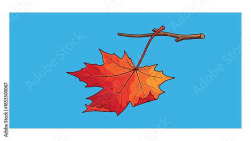 A vibrant red and orange maple leaf hangs from a thin brown twig against a bright blue background.