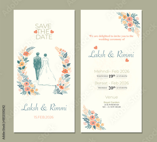 Elegant Floral Wedding Invitation Card with Couple Illustration