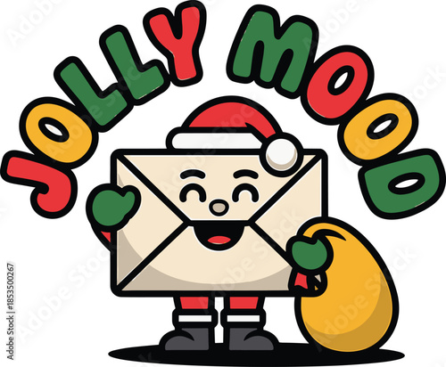 Cartoon Envelope Character Wearing a Santa Hat Holding a Gift Bag christmas