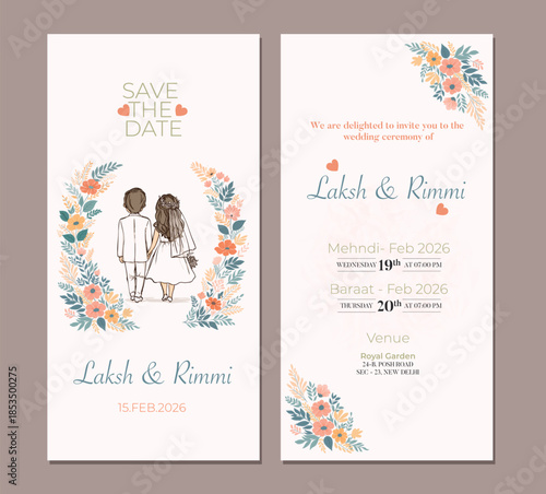 Elegant Floral Wedding Invitation Card with Couple Illustration