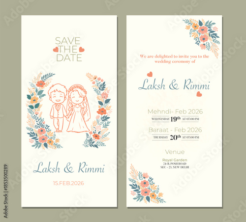 Elegant Floral Wedding Invitation Card with Couple Illustration