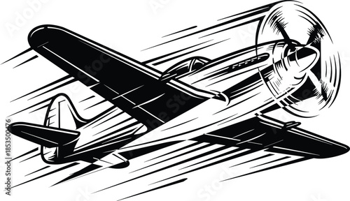 Black and White Vintage Propeller Airplane in Dynamic Flight Motion aircraft retro