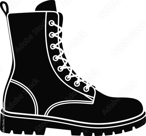 Black Silhouette of a High- Top Lace- Up Combat Boot on White Background military boot work boot
