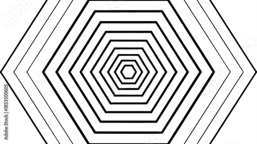 White background with black geometric hexagon tunnel pattern abstract black and white