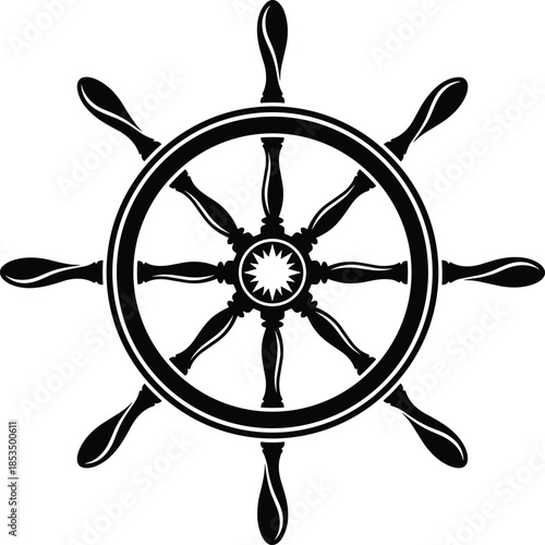Black Silhouette of a Ship's Steering Wheel with Eight Spokes and Starburst Center ship wheel helm