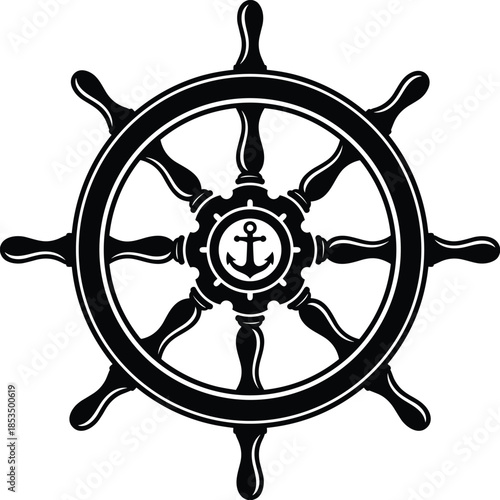 Black Silhouette of a Ship's Steering Wheel with Anchor Emblem in Center ship wheel helm