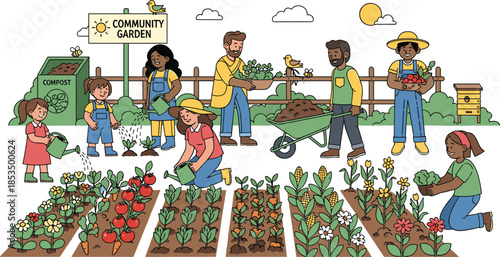 Community garden, sustainable living, eco friendly lifestyle, urban farming, organic vegetables, compost bin, children gardening, teamwork, pollination, beehive, local food, nature connection