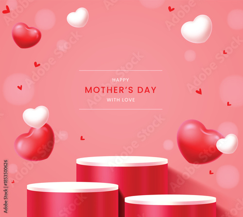 Three-dimensional product display podiums on a pink background with red and white floating hearts for Mother's Day celebration.