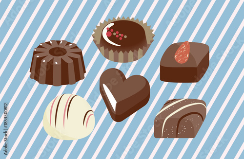 6個のひとくちサイズチョコレートのイラスト ブルーストライプ背景