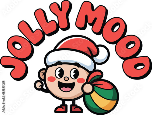 Cheerful cartoon boy with Santa hat holding a gift bag with text Jolly Mood Keywords: Christmas, holiday, boy, child, Santa hat, gift, present, bag, cartoon, character, festive, winter