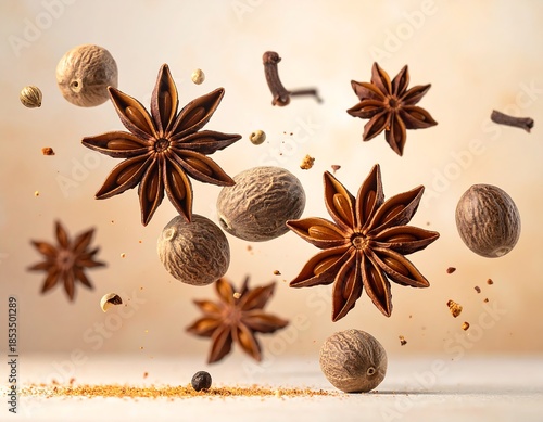 Close-up of spice assortment levitating over a neutral background