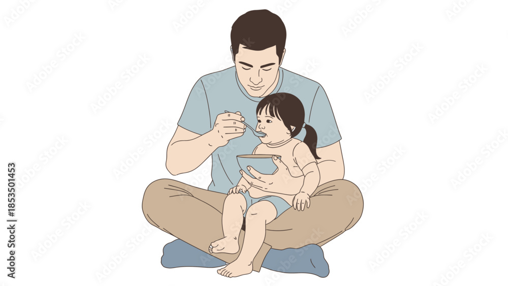 Obraz premium A father is sitting on the floor and feeding his young daughter with a spoon from a bowl.