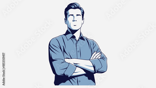 A stylized illustration of a man in a blue collared shirt with his arms crossed, presented against a plain background.