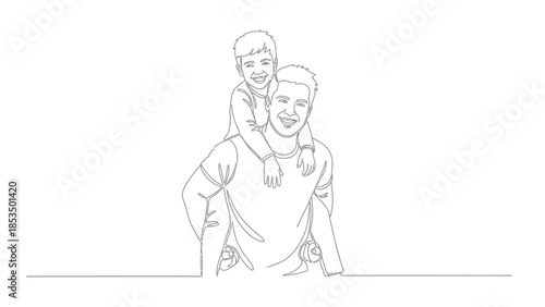 A father gives his young son a piggyback ride, both smiling happily at the viewer in a simple line drawing.