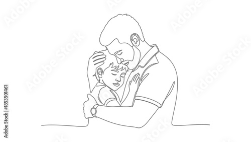 A tender one-line drawing captures a father embracing his sleeping child, conveying a moment of deep love and security.