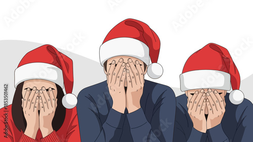 Three people wearing Santa hats, covering their faces with their hands, in a festive Christmas setting.
