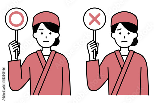 ○×マークを掲げる和食屋の女性店員