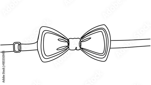 A detailed black and white line drawing of a classic bow tie with an adjustable strap and buckle.