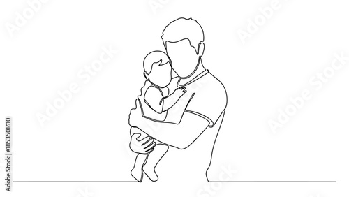 A minimalist line drawing depicts a father holding his baby with love and care.