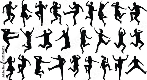 Silhouettes of people jumping and dancing, black figures, expressive movement, dynamic poses, body gesture grid, white background, choreography, motion study, artistic design