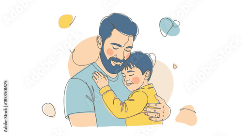 A loving father with a beard tenderly embraces his young son, who is resting his head on his father's chest with eyes closed.