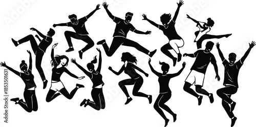 Silhouettes of people jumping in celebration, black figures, joyful movement, arms raised, energetic pose, group unity, freedom, happiness, expressive motion, white background