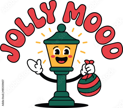 Cheerful cartoon street lamp character with gift bag and radiating light happy