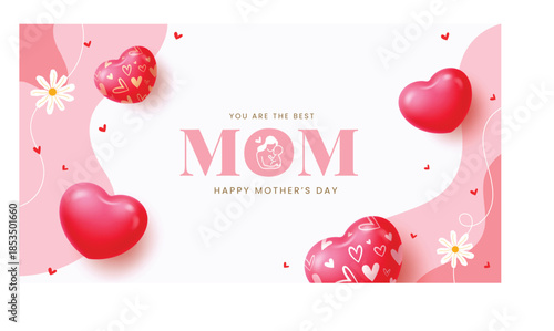 Mother's Day banner featuring "MOM" typography with a mother-child icon, 3D patterned heart balloons, and white daisies on an abstract pink and white background.