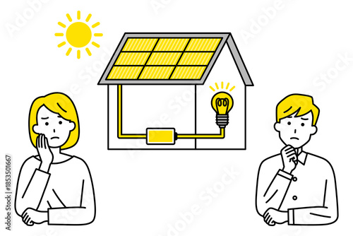 ソーラーパネルによる太陽光発電の家を検討する若い夫婦