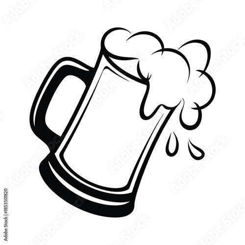A black and white illustration of a full beer mug with foam