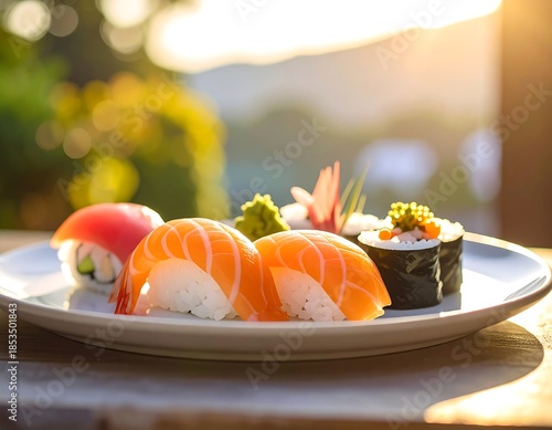 Close-up of sushi on a white plate with blurred natural background