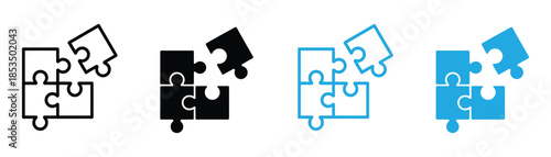 Puzzle icon. Teamwork symbol. Puzzle pieces coming together in different colors and styles. Plugins sign. Logo template for website, ui, app. Outline, flat, and colored style. Flat design.