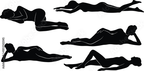 Silhouettes of sleeping positions, lying down poses, curled side, face down, arm support, black figures, rest posture, sleep ergonomics, white background