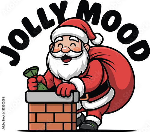 Cheerful Santa Claus with Gift Bag Descending Chimney with Jolly Mood Text Christmas holiday