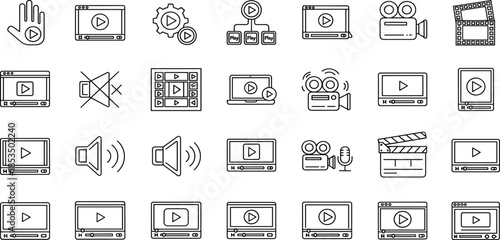 Multimedia video player and cinema production line icons set featuring movie cameras, film reels, clapperboards, and digital streaming symbols.